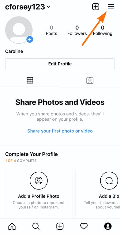 The "Settings" tool on Instagram in top-right